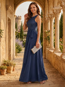 A Line Round Neck Sleeveless Long Mother of the Bride Dresses with Belt
