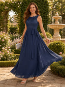 A Line Round Neck Sleeveless Long Mother of the Bride Dresses with Belt