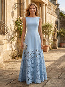 A Line Satin Boat Neck Sleeveless Long Lace Mother of the Bride Dress
