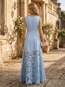 A Line Satin Boat Neck Sleeveless Long Lace Mother of the Bride Dress