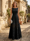 A Line Satin Boat Neck Sleeveless Long Lace Mother of the Bride Dresses