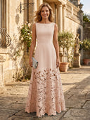 A Line Satin Boat Neck Sleeveless Long Lace Mother of the Bride Dresses