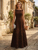 A Line Satin Boat Neck Sleeveless Long Lace Mother of the Bride Dresses