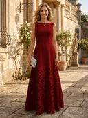 A Line Satin Boat Neck Sleeveless Long Lace Mother of the Bride Dresses