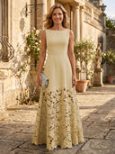 A Line Satin Boat Neck Sleeveless Long Lace Mother of the Bride Dresses