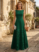 A Line Satin Boat Neck Sleeveless Long Lace Mother of the Bride Dresses