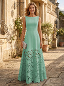 A Line Satin Boat Neck Sleeveless Long Lace Mother of the Bride Dresses