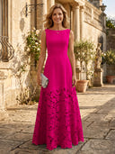 A Line Satin Boat Neck Sleeveless Long Lace Mother of the Bride Dresses