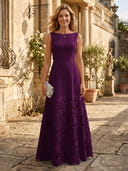 A Line Satin Boat Neck Sleeveless Long Lace Mother of the Bride Dresses