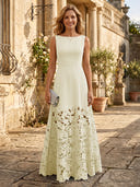 A Line Satin Boat Neck Sleeveless Long Lace Mother of the Bride Dresses