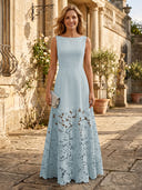 A Line Satin Boat Neck Sleeveless Long Lace Mother of the Bride Dresses