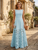 A Line Satin Boat Neck Sleeveless Long Lace Mother of the Bride Dresses