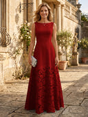 A Line Satin Boat Neck Sleeveless Long Lace Mother of the Bride Dresses