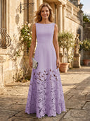 A Line Satin Boat Neck Sleeveless Long Lace Mother of the Bride Dresses