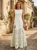 A Line Satin Boat Neck Sleeveless Long Lace Mother of the Bride Dresses