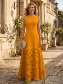 A Line Satin Boat Neck Sleeveless Long Lace Mother of the Bride Dresses