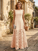 A Line Satin Boat Neck Sleeveless Long Lace Mother of the Bride Dresses