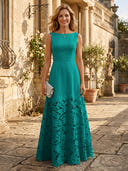A Line Satin Boat Neck Sleeveless Long Lace Mother of the Bride Dresses