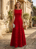 A Line Satin Boat Neck Sleeveless Long Lace Mother of the Bride Dresses