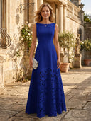 A Line Satin Boat Neck Sleeveless Long Lace Mother of the Bride Dresses