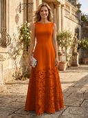 A Line Satin Boat Neck Sleeveless Long Lace Mother of the Bride Dresses