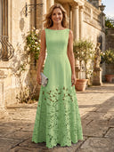 A Line Satin Boat Neck Sleeveless Long Lace Mother of the Bride Dresses