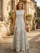 A Line Satin Boat Neck Sleeveless Long Lace Mother of the Bride Dresses