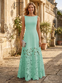 A Line Satin Boat Neck Sleeveless Long Lace Mother of the Bride Dresses