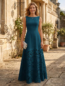 A Line Satin Boat Neck Sleeveless Long Lace Mother of the Bride Dresses