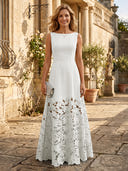 A Line Satin Boat Neck Sleeveless Long Lace Mother of the Bride Dresses