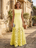 A Line Satin Boat Neck Sleeveless Long Lace Mother of the Bride Dresses