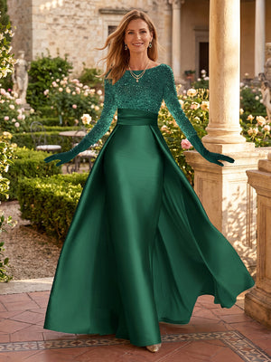 A Line Sequin Round Neck Long Sleeves Floor Mother of the Bride Dress with Train