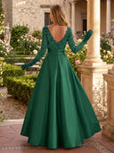 A Line Sequin Round Neck Long Sleeves Floor Mother of the Bride Dress with Train