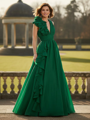 A Line Tulle Double V Neck Long Mother of the Bride Dress with Pleated