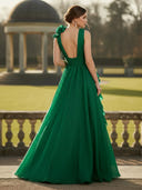 A Line Tulle Double V Neck Long Mother of the Bride Dress with Pleated