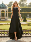 Hi-Low Satin Boat Neck Long Mother of the Bride Dress with Beaded