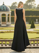 Hi-Low Satin Boat Neck Long Mother of the Bride Dress with Beaded