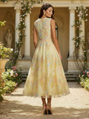 A Line Tulle Sleeveless Boat Neck Tea Length Mother of the Bride Dress