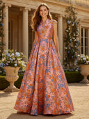Floral Jacquard A-Line Mother of The Bride Dress with Cap Sleeves