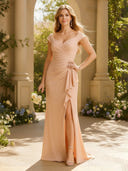 Off Shoulder Satin Mermaid Mother of The Bride Dress with Side Slit