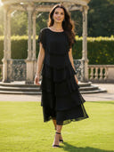 Tiered Chiffon Round Neck A Line Tea Length Mother of The Bride Dress with Ruffles