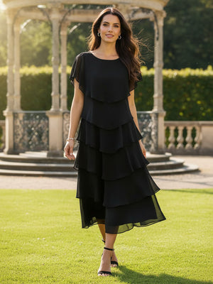 Tiered Chiffon Round Neck A Line Tea Length Mother of The Bride Dress with Ruffles