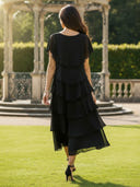 Tiered Chiffon Round Neck A Line Tea Length Mother of The Bride Dress with Ruffles