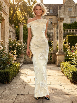One Shoulder Mermaid Sleeveless Long Mother of the Bride Dresses with Floral Jacquard