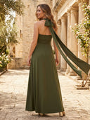 A Line Chiffon V Neck Long Mother of the Bride Dresses with Ruched