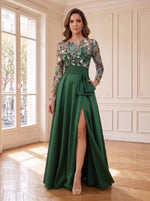 A Line Satin Round Neck Mother of the Bride Dresses with Train
