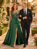 A Line Satin Round Neck Mother of the Bride Dresses with Train