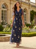 A Line Short Sleeves V Neck Mother of the Bride Dresses with Print Flower