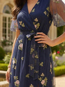 A Line Short Sleeves V Neck Mother of the Bride Dresses with Print Flower