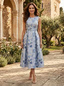 A Line Tea Boat Neck Mother of the Bride Dresses with Prin Flower